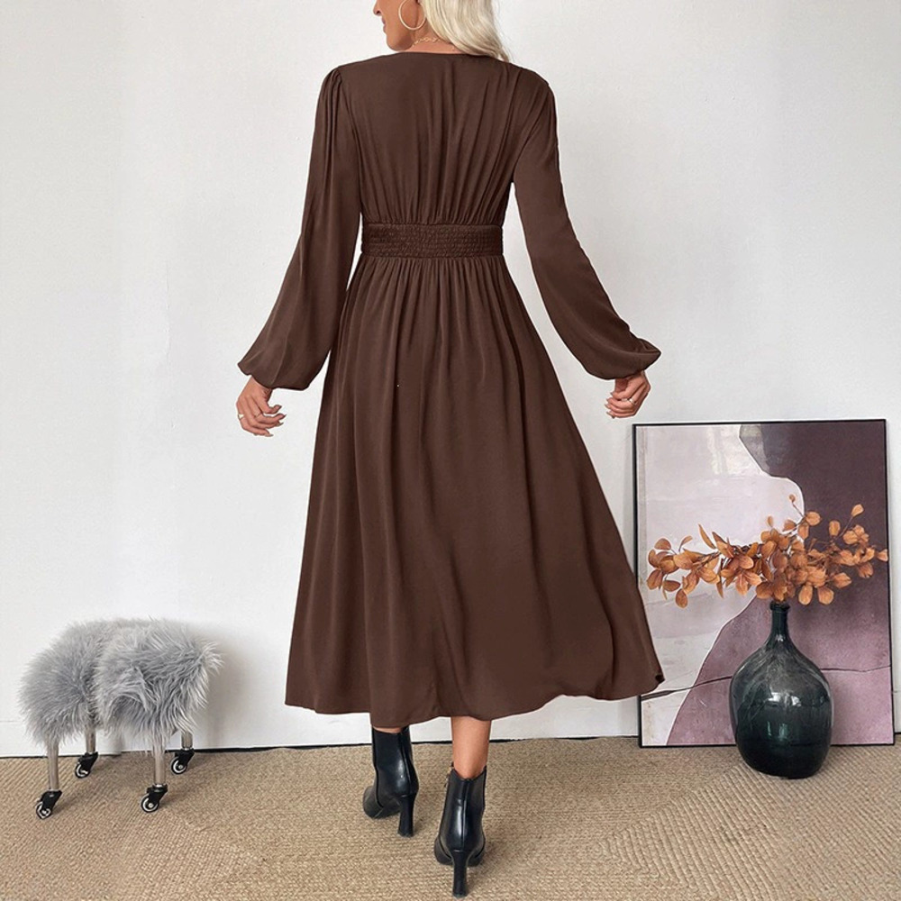 French Fall Work Solid Brown Collared Long Sleeve Dress
